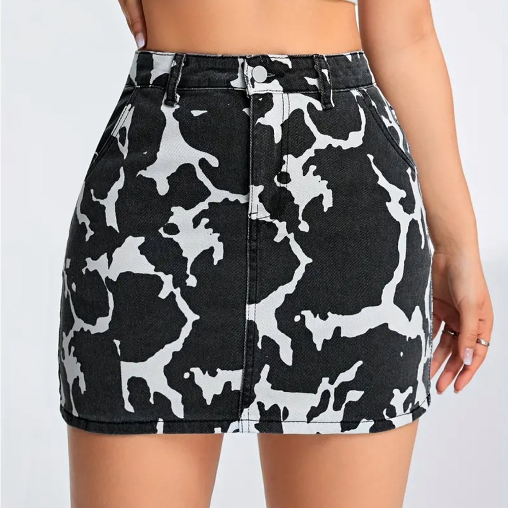 Cow Print Denim Mini Skirt